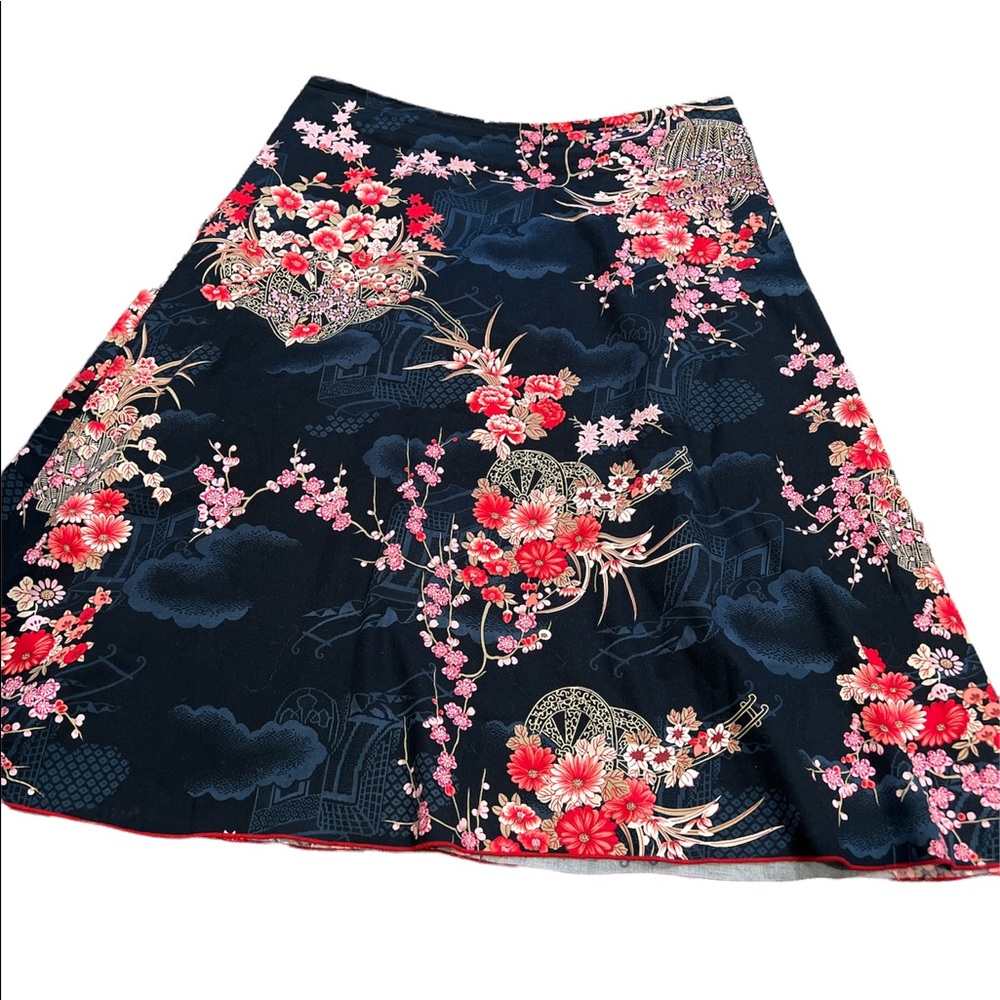 Matty M Navy Floral A-Line Skirt with Pink & Red Blossoms